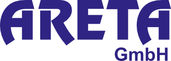 Logo der ARETA GmbH in lila Schrift auf schwarzem Hintergrund.