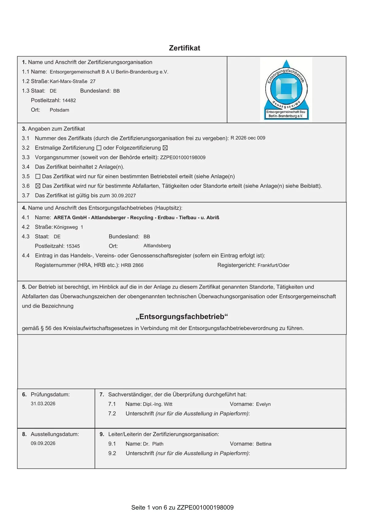 Das Überwachungszertifikat bestätigt ARETA GmbH als Entsorgungsfachbetrieb und ist laut Dokument bis zum 30.09.2027 gültig.