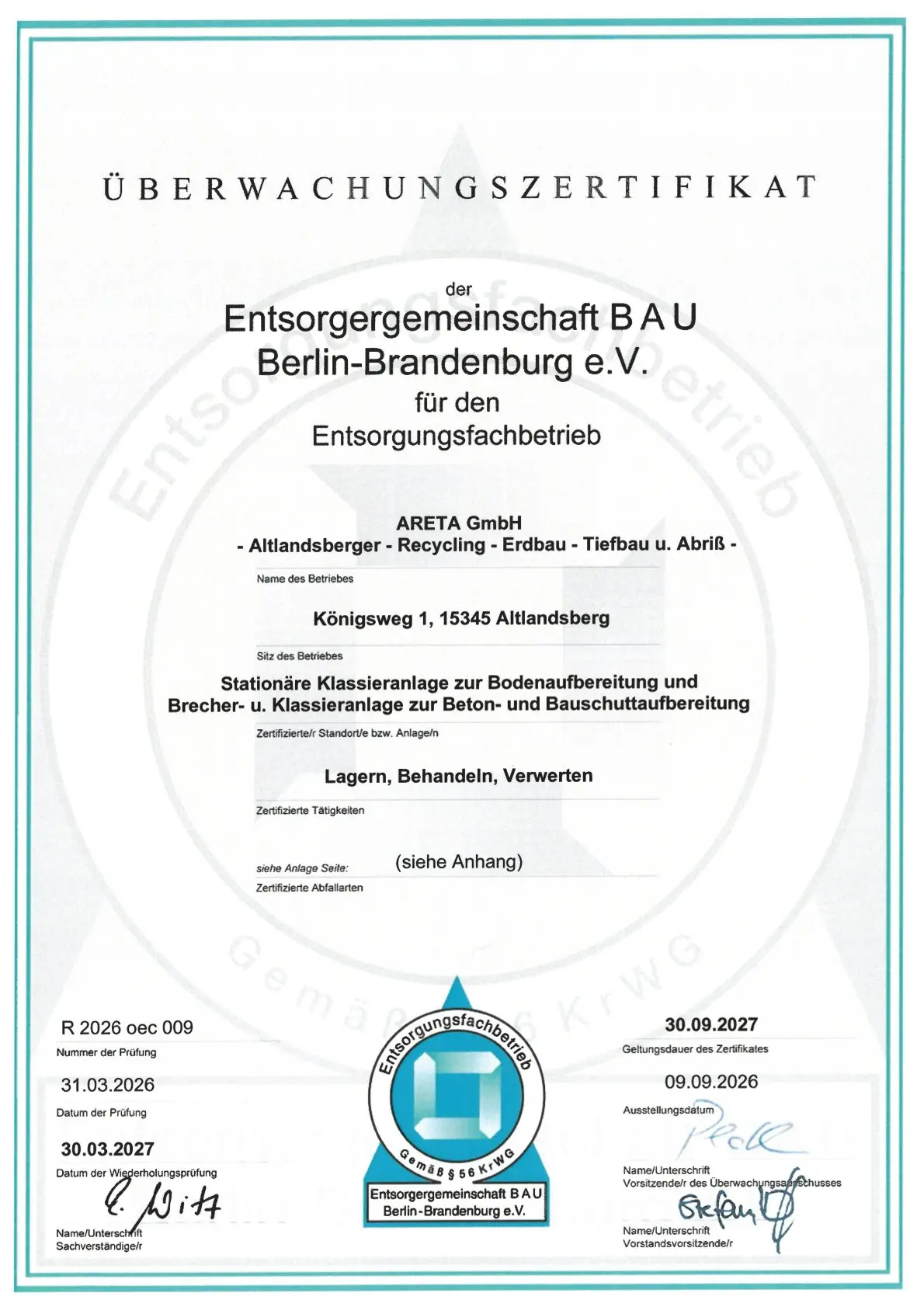 Zertifikat bestätigt ARETA GmbH als Entsorgungsfachbetrieb der Entsorgungsgemeinschaft BAU Berlin-Brandenburg e.V.